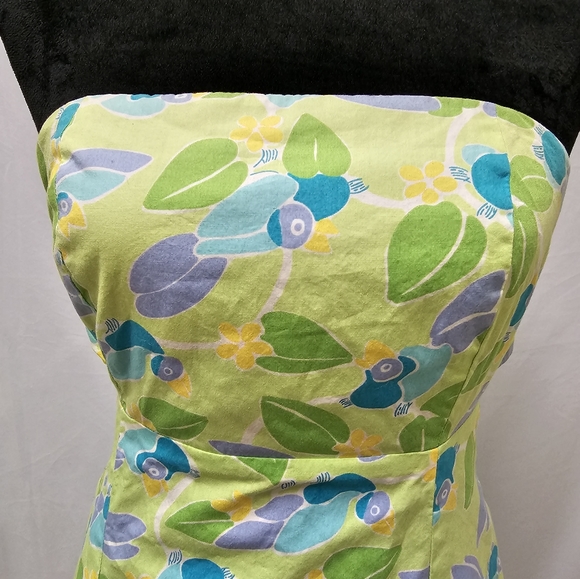 Lilly Pulitzer Strapless Dress 2 Green Toucan Floral Cotton Back Tie Below Knee - Picture 3 of 10